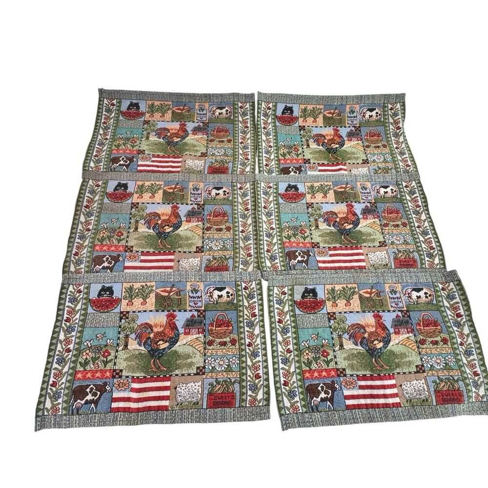 6 Rooster Pig Cow Placemats Woven Tapestry 18" x 11” Farmhouse Cabin Country